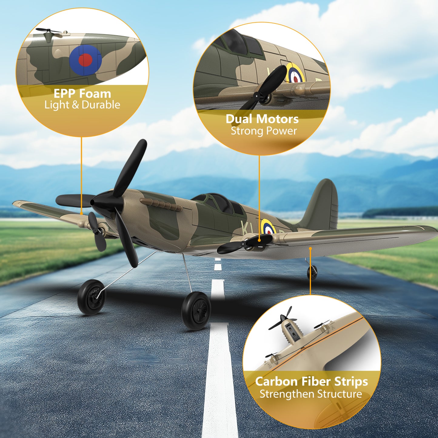 3 Channel RC Plane Spitfire Fighter, Remote Control Warbird Ready to Fly, 2.4GHz 6-axis Gyro Stabilizer, Easy to Fly for Kids & Beginners