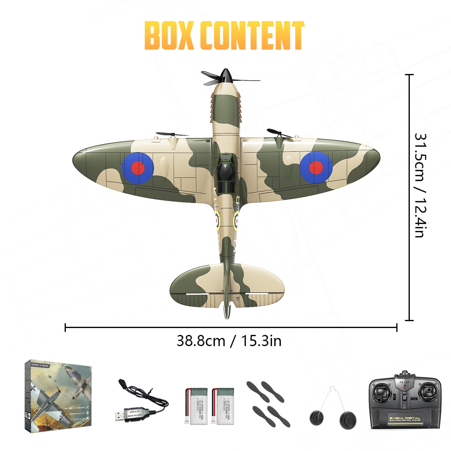 3 Channel RC Plane Spitfire Fighter, Remote Control Warbird Ready to Fly, 2.4GHz 6-axis Gyro Stabilizer, Easy to Fly for Kids & Beginners