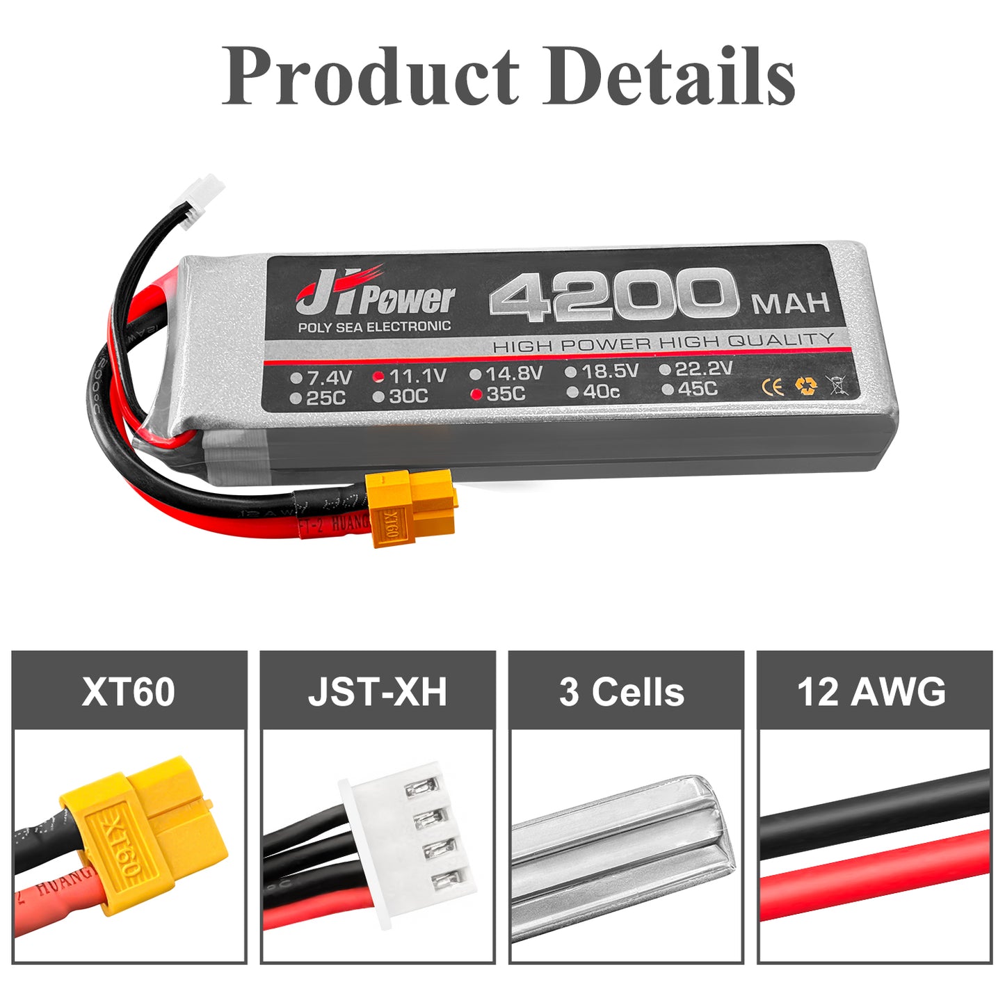 Lipo バッテリー 11.1V 4200mAh 3S 25C、XT60 プラグ付き充電式バッテリー