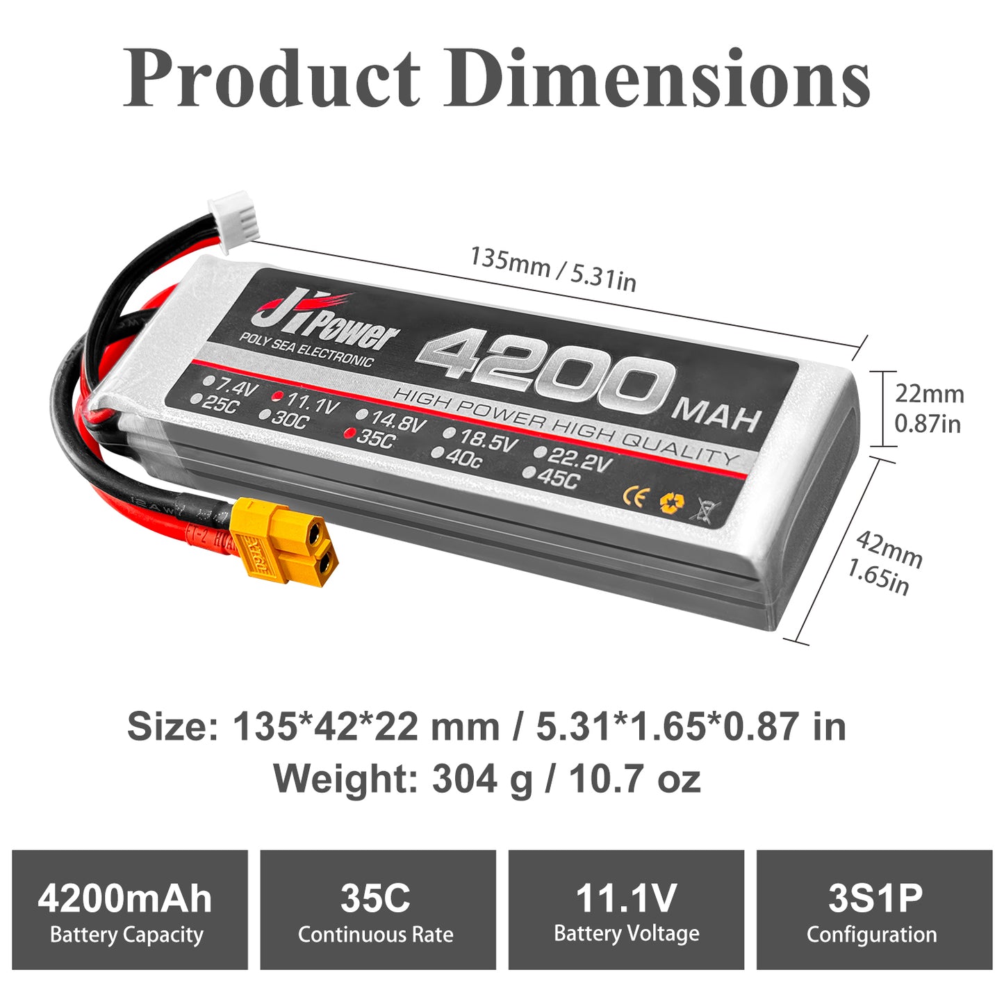 Lipo バッテリー 11.1V 4200mAh 3S 25C、XT60 プラグ付き充電式バッテリー