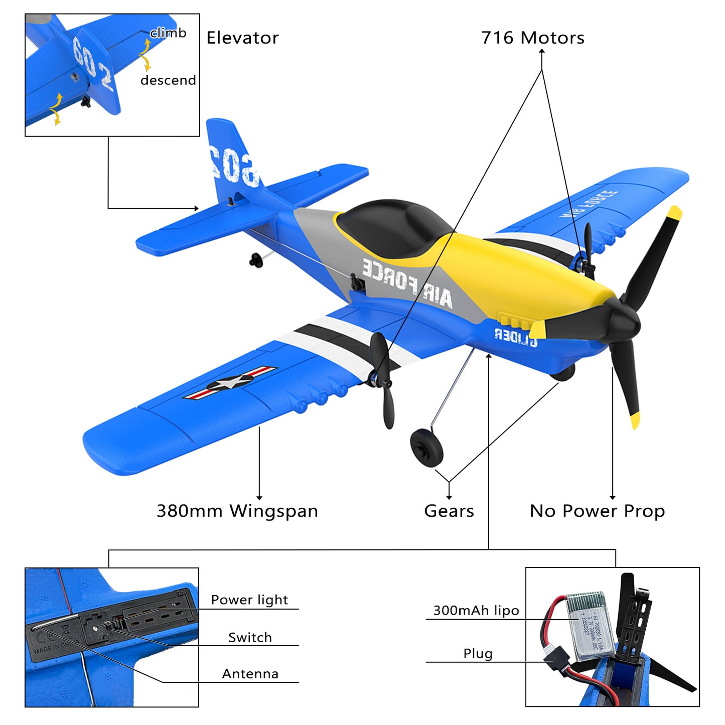 3 Channel RC Plane P-51D Mustang, Remote Control Airplane Ready to Fly, 2.4GHz 6-axis Gyro Stabilizer, Easy to Fly for Kids & Beginners