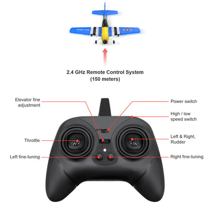 3 Channel RC Plane P-51D Mustang, Remote Control Airplane Ready to Fly, 2.4GHz 6-axis Gyro Stabilizer, Easy to Fly for Kids & Beginners