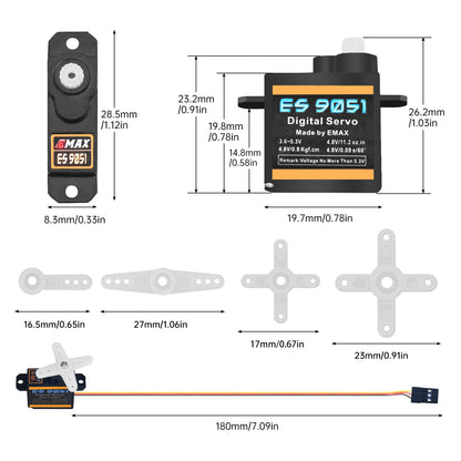 4.8G Servo, Micro Digital Servo for Robot Arm RC Plane Helicopter Car Boat, Coreless Motor Mini Servo for STEM & Raspberry Pi Project (Emax ES 9051 II)