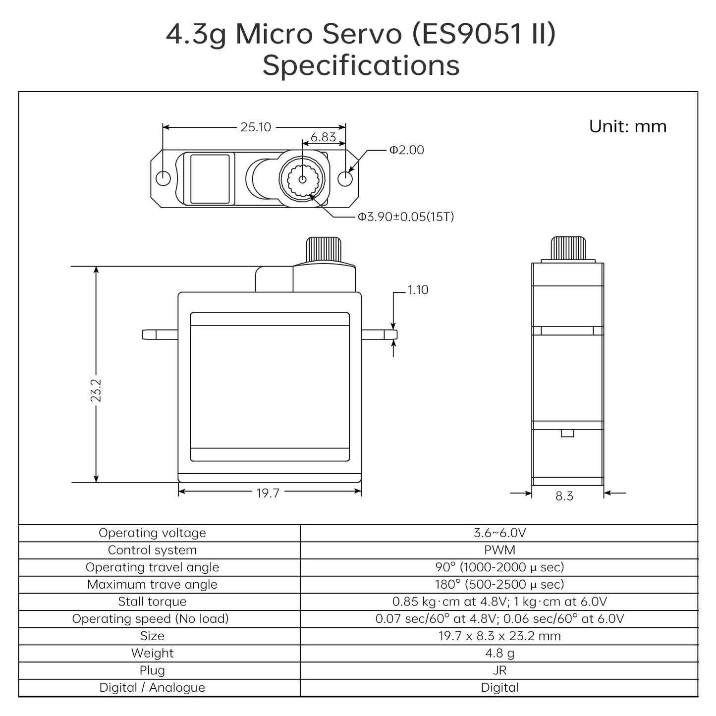 4.8G Servo, Micro Digital Servo for Robot Arm RC Plane Helicopter Car Boat, Coreless Motor Mini Servo for STEM & Raspberry Pi Project (Emax ES 9051 II)