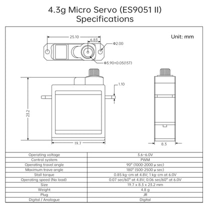 4.8G Servo, Micro Digital Servo for Robot Arm RC Plane Helicopter Car Boat, Coreless Motor Mini Servo for STEM & Raspberry Pi Project (Emax ES 9051 II)