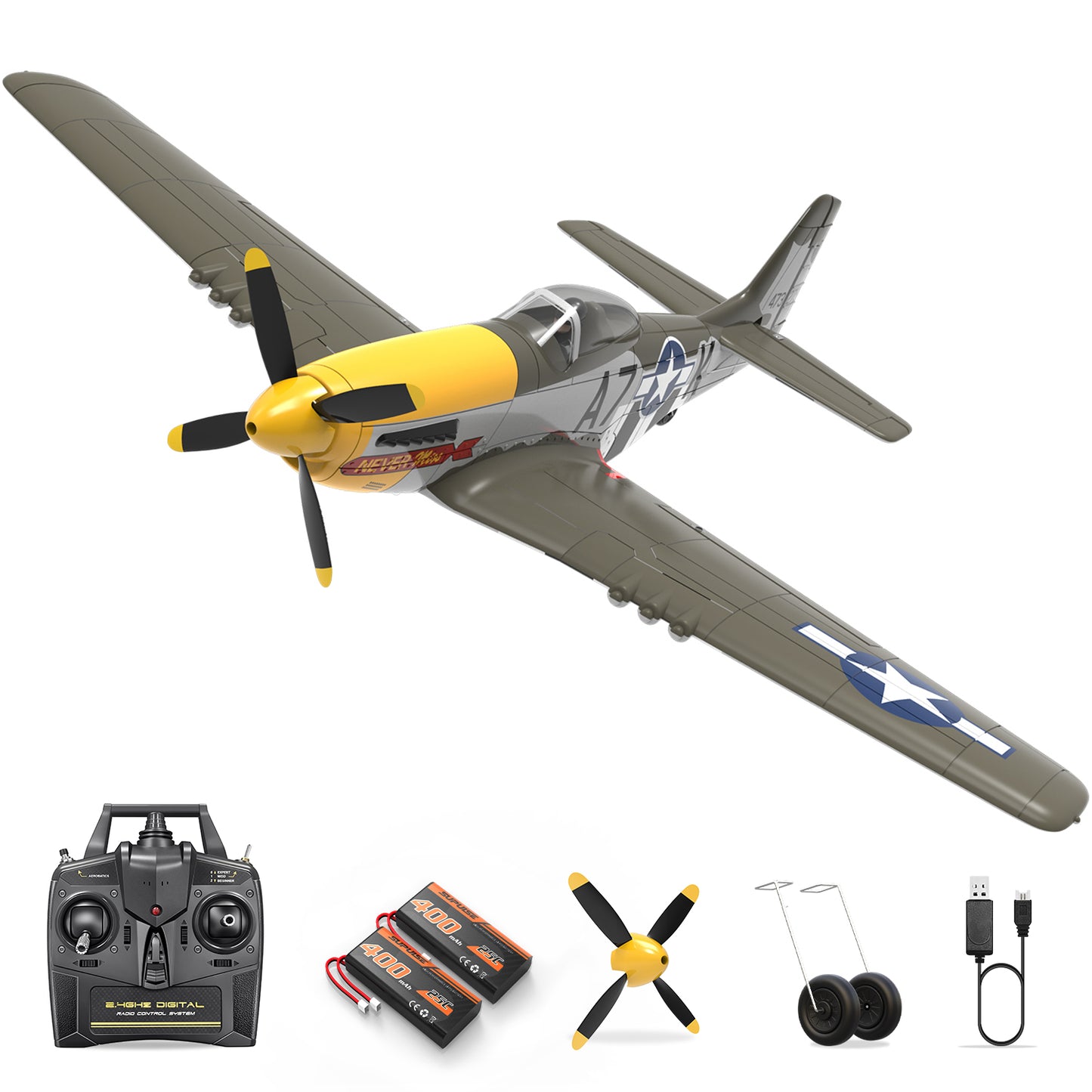 RC Plane P-51D Mustang 500mm, 4 Channel Remote Control Warbird RTF, Brushless Motor 6-axis Gyro 3 Flight Modes, Easy to Fly for Beginners Boys & Adults