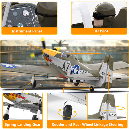 RC Plane P-51D Mustang 500mm, 4 Channel Remote Control Warbird RTF, Brushless Motor 6-axis Gyro 3 Flight Modes, Easy to Fly for Beginners Boys & Adults