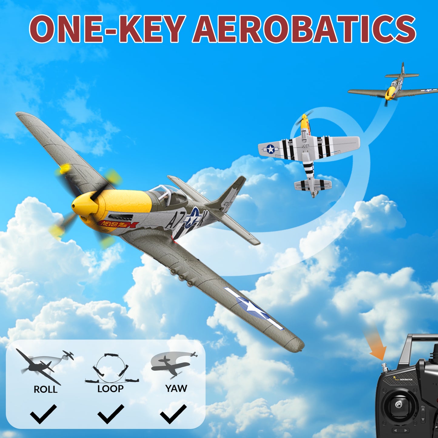 RC Plane P-51D Mustang 500mm, 4 Channel Remote Control Warbird RTF, Brushless Motor 6-axis Gyro 3 Flight Modes, Easy to Fly for Beginners Boys & Adults