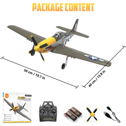 RC Plane P-51D Mustang 500mm, 4 Channel Remote Control Warbird RTF, Brushless Motor 6-axis Gyro 3 Flight Modes, Easy to Fly for Beginners Boys & Adults